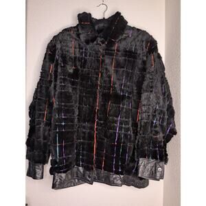 VTG Real Rabbit Fur Leather Bomber Jacket Unique Striped L